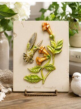 7" x 9" Clay Plaque Ruby Throated Hummingbird 3-D Relief by HenFeathers